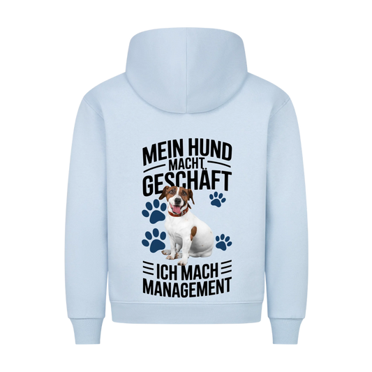 Personalisierbares Hunde Hoodie "Er Macht Geschäft, Ich Mach Management"